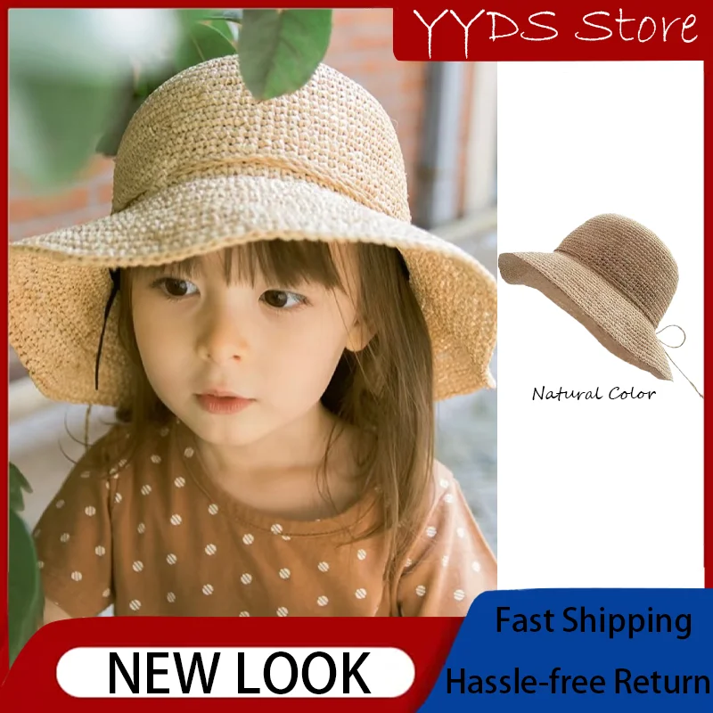

Летняя детская соломенная шляпа из рафии с широкими полями, складная, с защитой от ультрафиолета, пляжная, для девочек