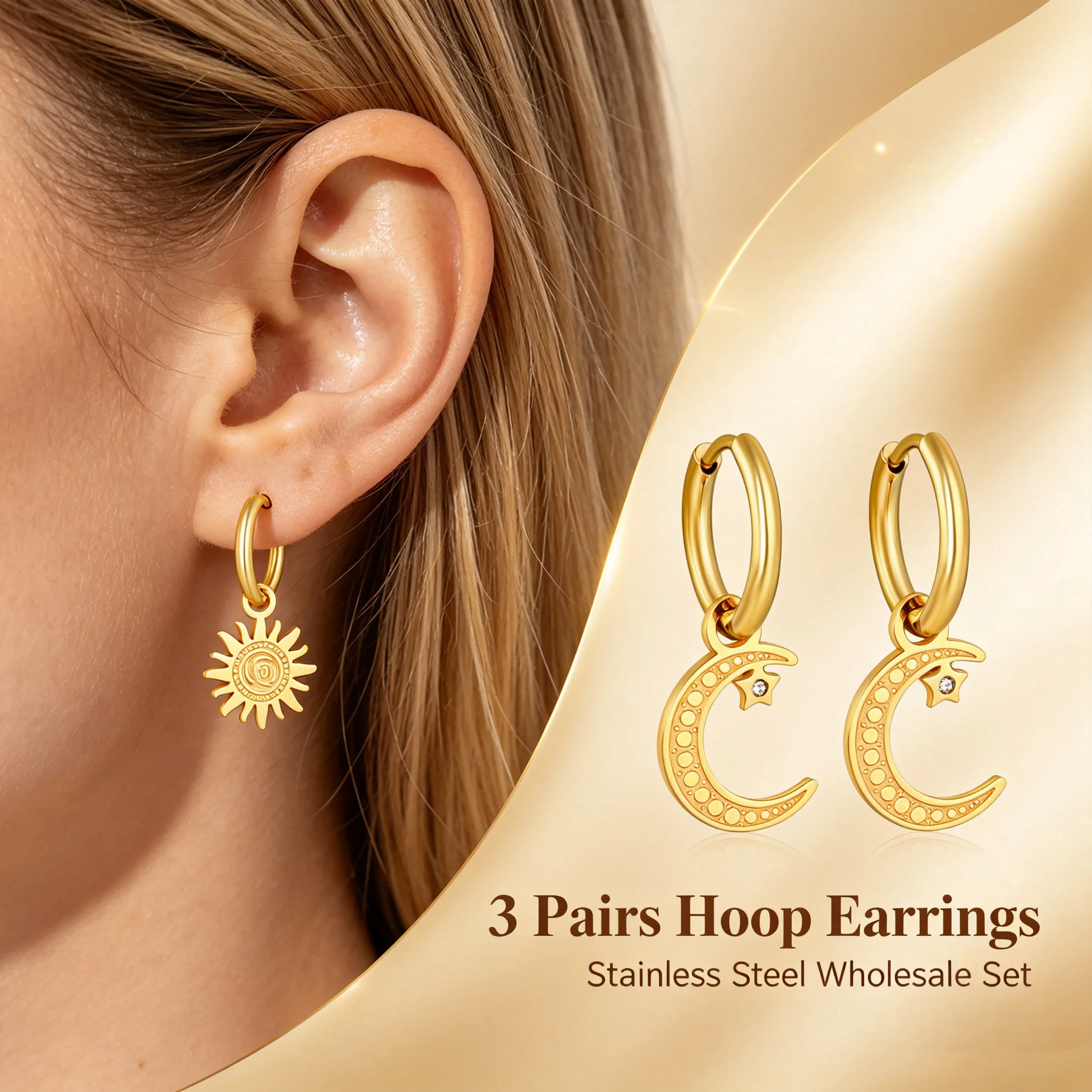 3 Pairs Stainless Steel Sun & Moon Dangle Huggie Hoop Earrings Set, Wholesale Vintage Engraved Charm Earrings Fashion Jewelry