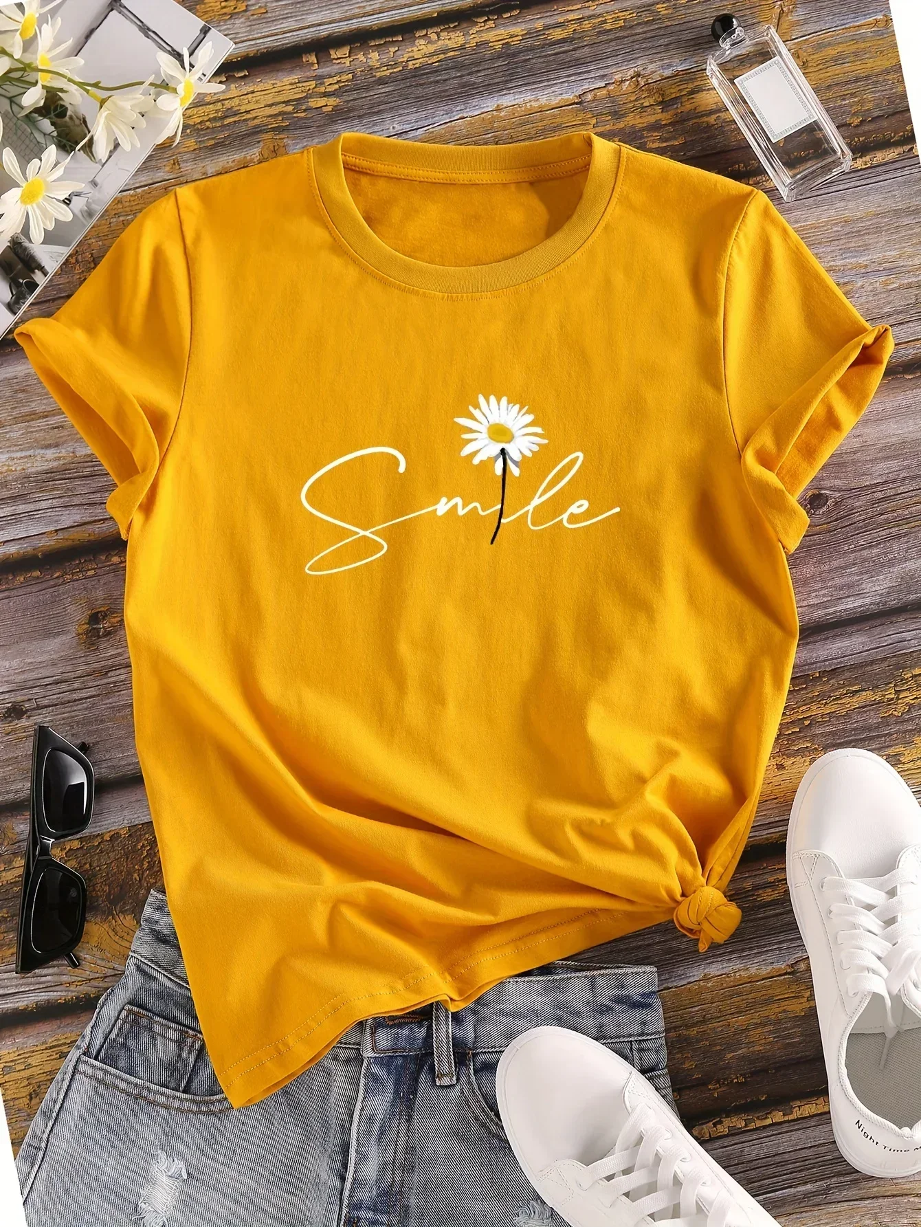 

Flower Letter Print Crew Neck T-Shirt Casual Short Sleeve T-Shirt for Summer Women's Clothing Comfortable Soft Creative Tops