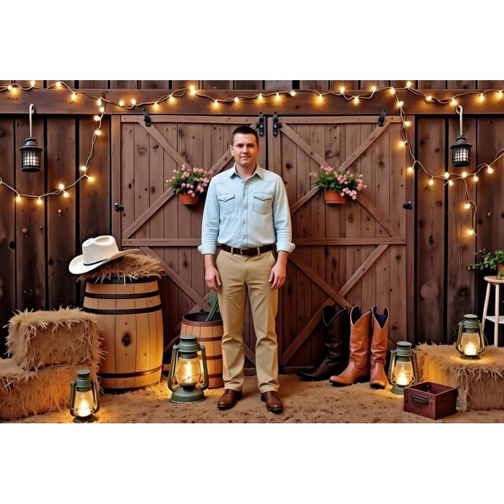 West Cowboy Birthday Party Decoration Backdrop Wood Barn Door Barrel Boots Wedding Portrait Photo Background Photo Studio Props