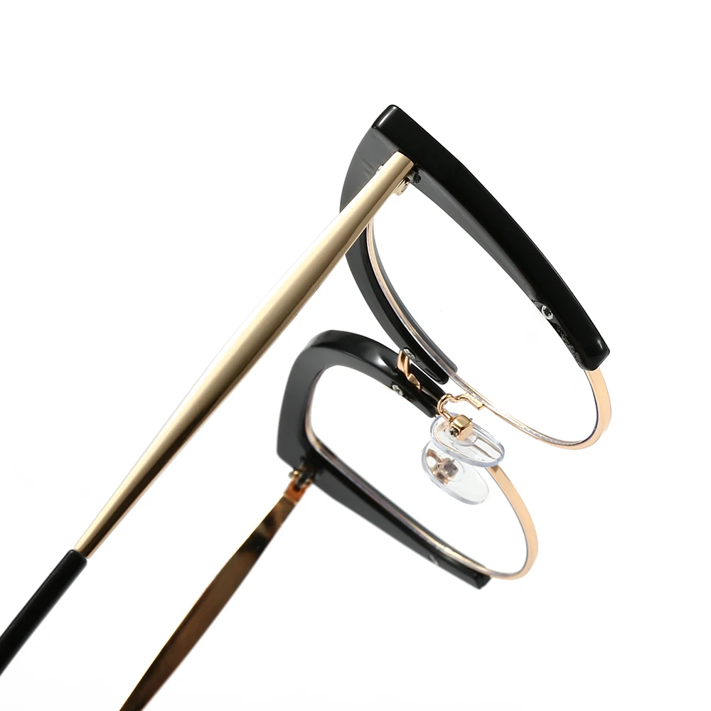 เลนส์แบนตาแมวย้อนยุค คิ้วพลาสติกสีทอง แว่นกรอบใหญ่ครึ่งกรอบ แว่นตาป้องกันแสงสีฟ้าอินเทรนด์สําหรับผู้หญิง