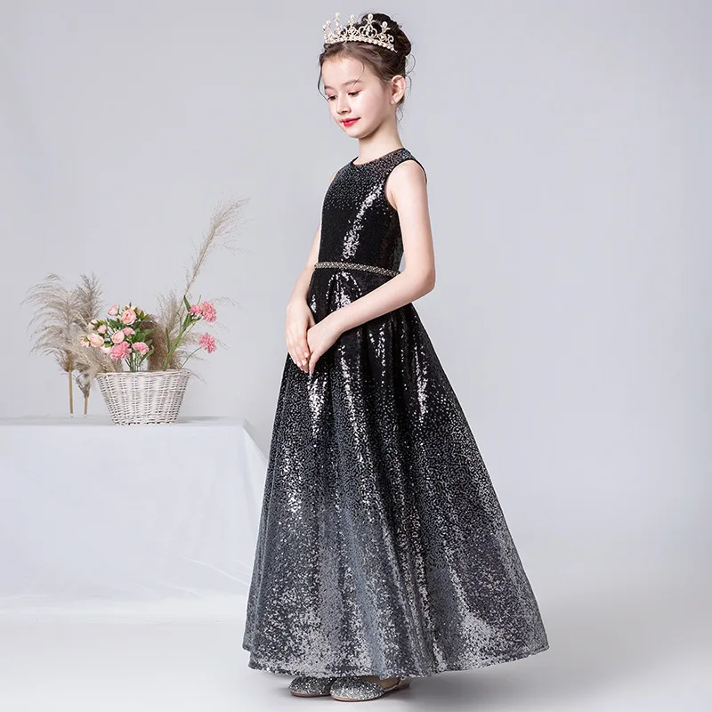 

Evening Party Dresses for Girls Piano Competition Costume Black Gradient Sequin Fashion Children Clothing Princess Birthday Gift