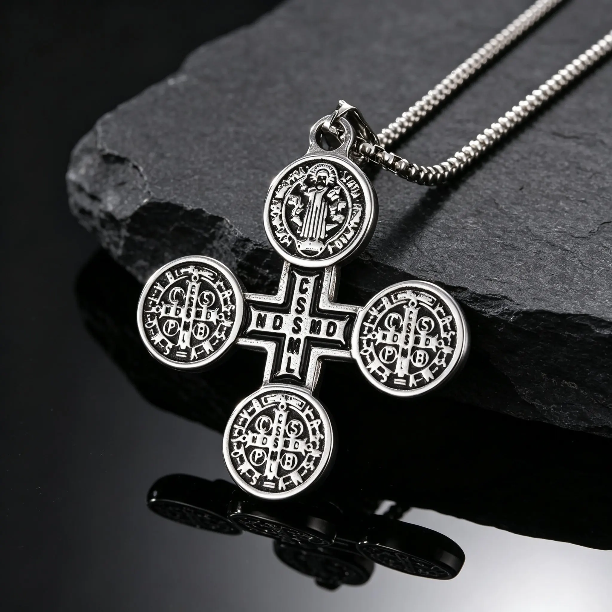 Saint Benedict Pendant Necklace for Men,Stainless Steel Religious Cross Pendant Necklace,Faith Prayer Jewelry
