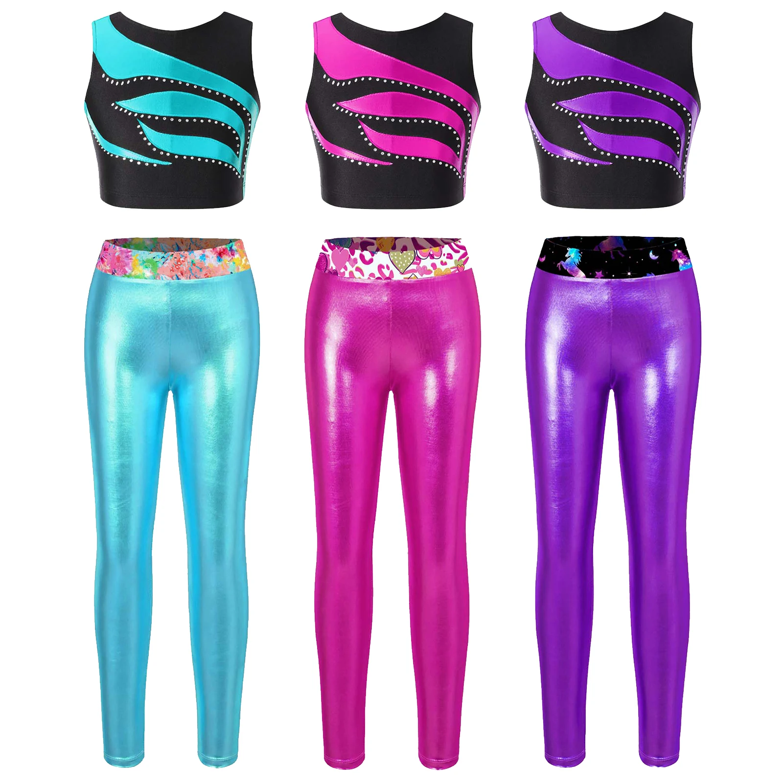 Crianças Meninas Yoga Ginástica Dança Traje Sportswear Sem Mangas Strass Brilhante Patchwork Colheita Top Colete + Metálico Leggings Calças