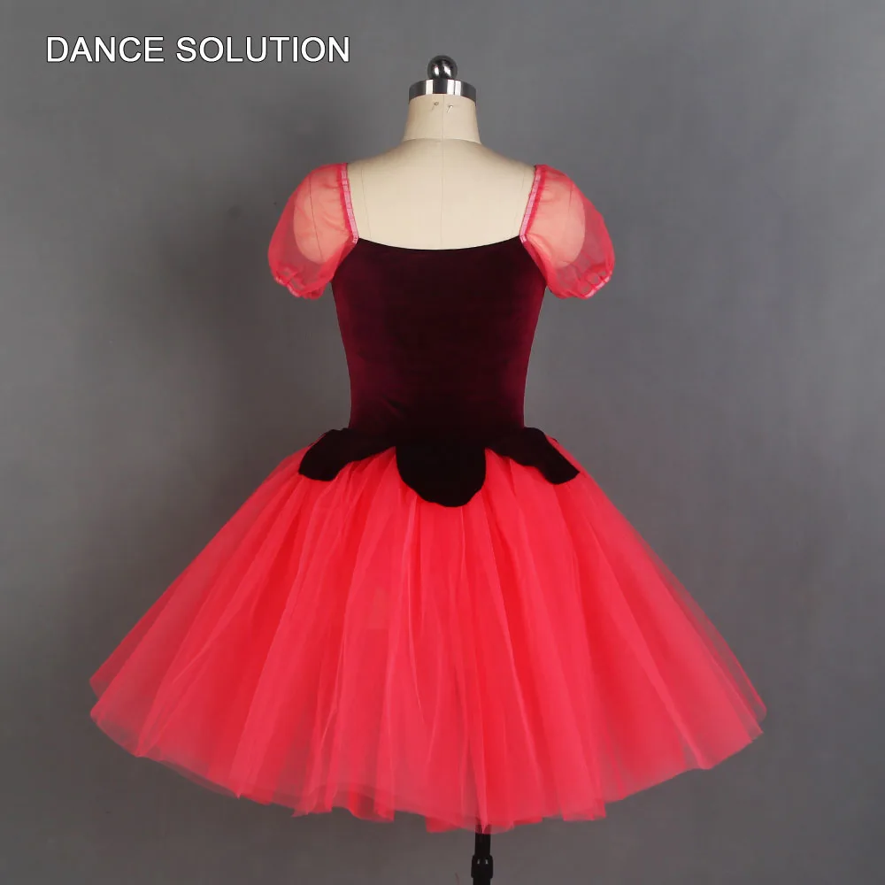 Rose Red Stretch Velvet Bodice Romantic Tulle Skirt Professional Ballet Tutu Costume for Women Girls Performace Dancewear 20121