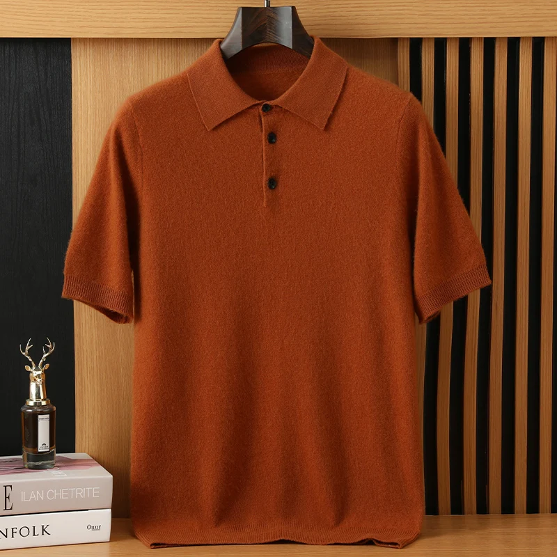 Men's 100% Cashmere T-shirt POLO Collar Pullover Casual Business Knit Tees High End Short Sleeved Spring Summer Half Sleeved Top