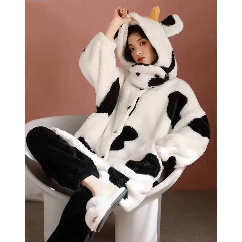 Weibliche Cartoon Kuh dicke Kapuze Nachthemd Kawaii Frauen Winter Roben nach Hause Kleidung Flanell Nachtwäsche Mädchen Tier Fleece Pyjama