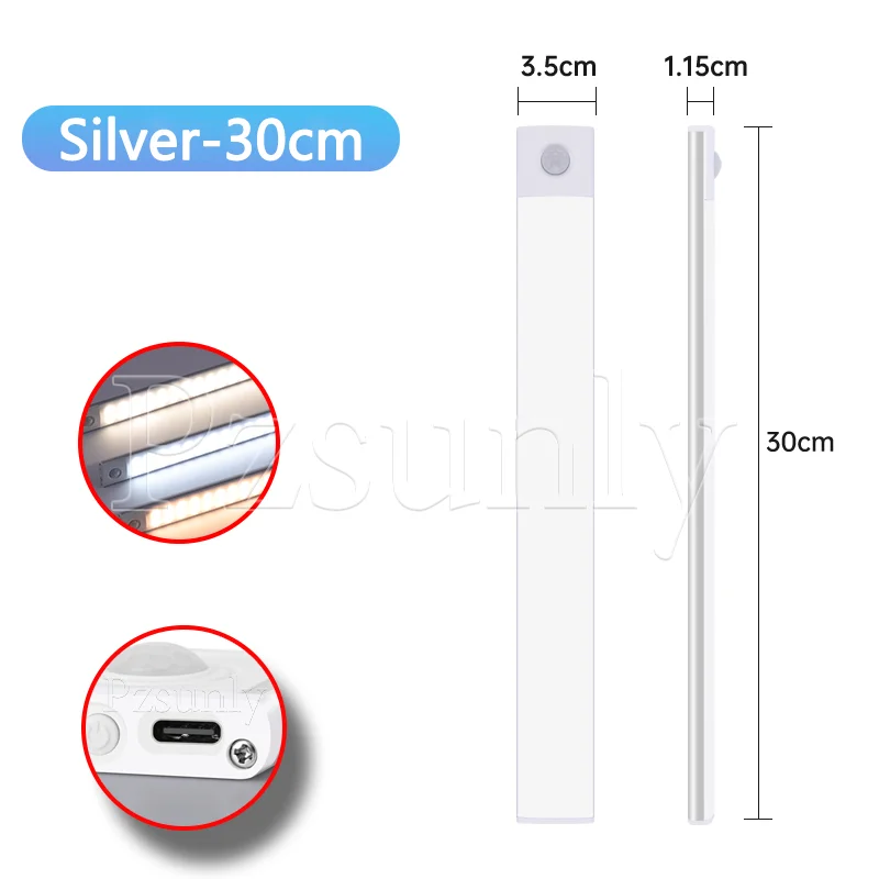 Pzsunly LED-Barlicht, Bewegungsmelder, USB wiederaufladbar, LED-Nachtlicht für Küche, Kleiderschrank, Schrankbeleuchtung, 30 cm/40 cm/50 cm Schrankleuchte 8