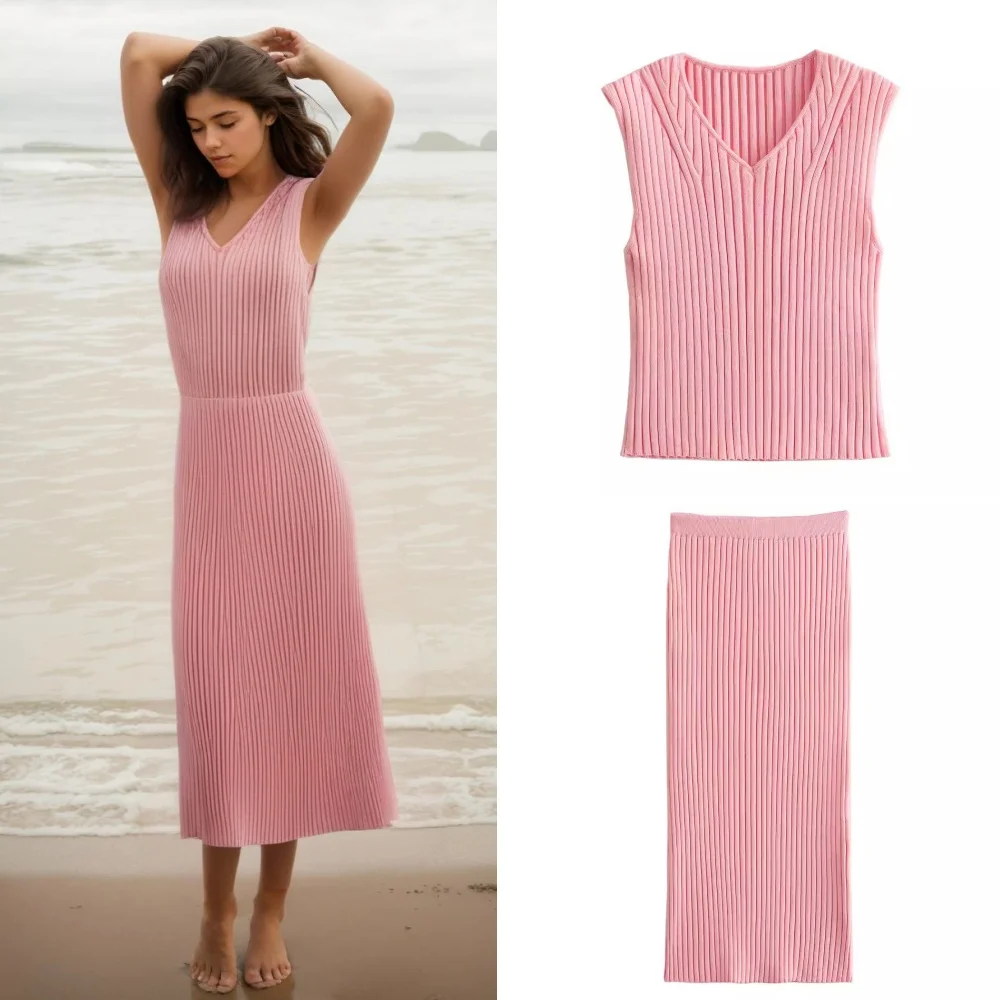 

Vintage Casual Chic Knitted Women Suit Pink V-Neck Short Slim Vest Sheath Long Skirt New Fashion 2024 Spring and Autumn Sets