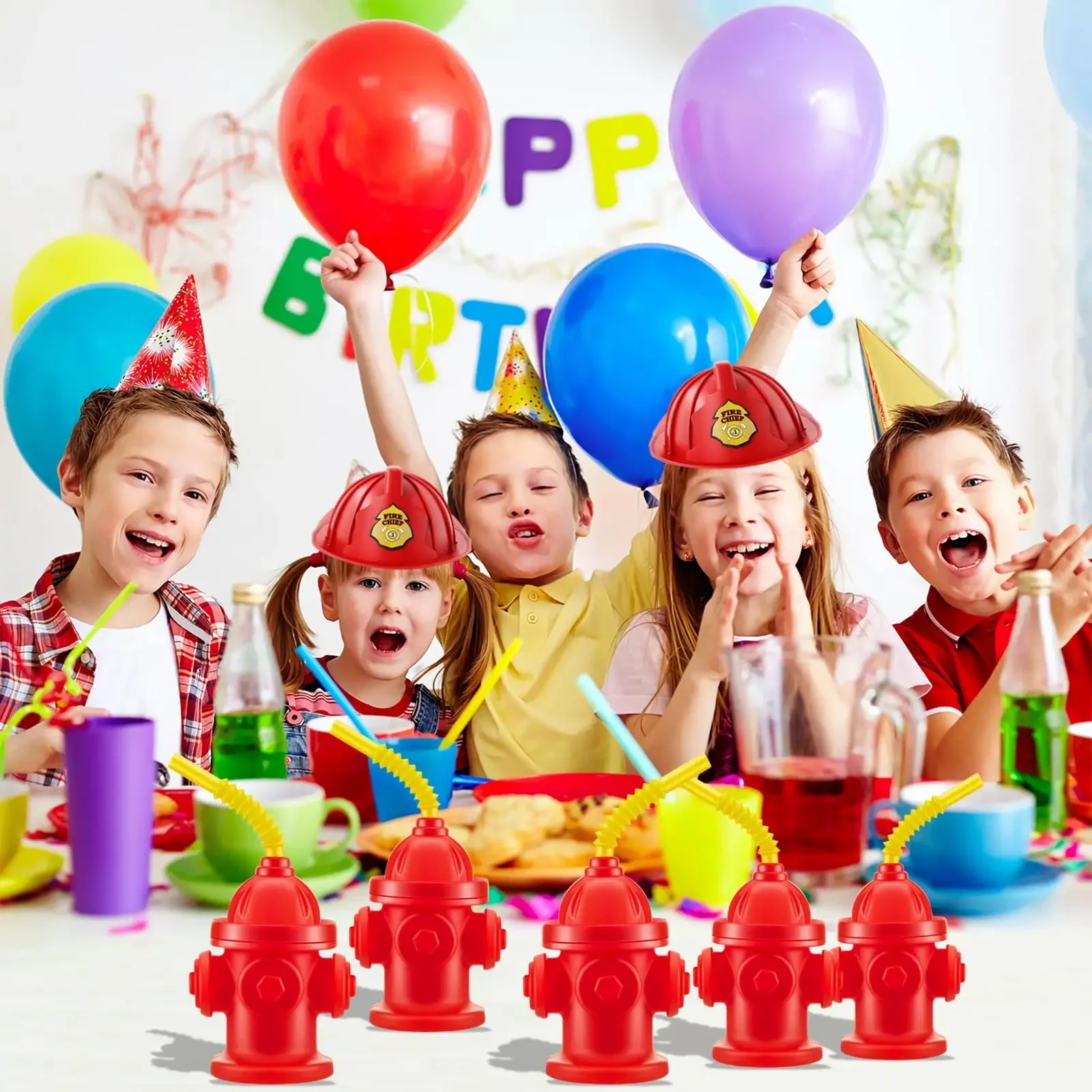 Fireman Sam Birthday Party Decoration Tableware Balloons Banner Fire Hydrant Straw Cups With Lids for Kids Firefighter Gift Boys