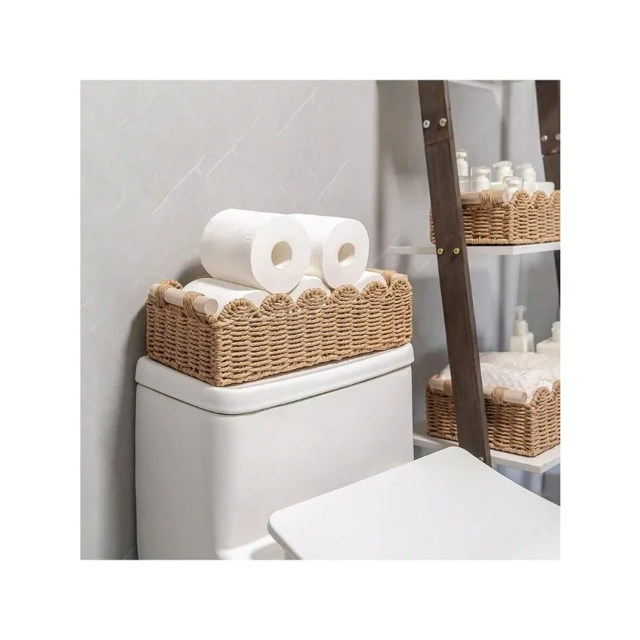 

Handmade Natural Rope Toilet Paper Basket With Wooden Handle - Stylish Fan-Shaped Edge Design Suitable For Toilet Top Rack Or K