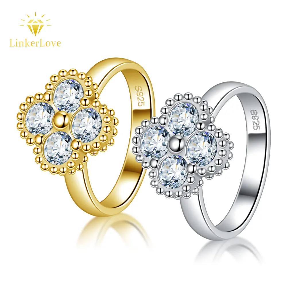 

LinkerLove Moissanite Four-leaf Clover Ring for Women S925 Sterling Silver Diamond Wedding Band Couple Promise Engagement Ring