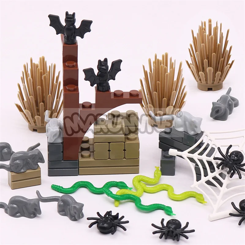 Marumine Halloween Building Blocks Accessories Spider Bat Mouse Snake Bush MOC Bricks Parts 6064 30238 30103 40234 Compatible