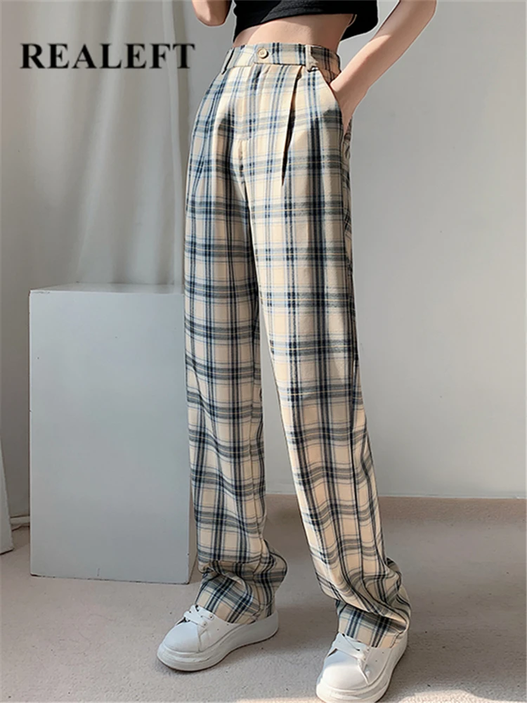 REALEFT Vintage Plaid Wide Leg Women's Pants Spring Summer 2023 New High Waist Button Female Casual Loose Chic Trouses Pockets