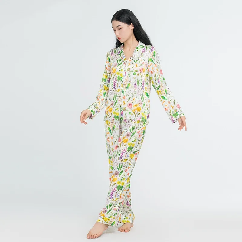 

Floral Print Real Silk Women's Pajama Set Smooth Satin Home Wear Long Sleeve and Pants 100% Mulberry Silk Pajamas Two Piece Set