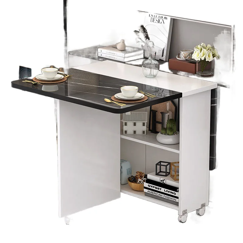 Folding dining table household multifunctional belt wheel movable rectangular restaurant dormitory dining table