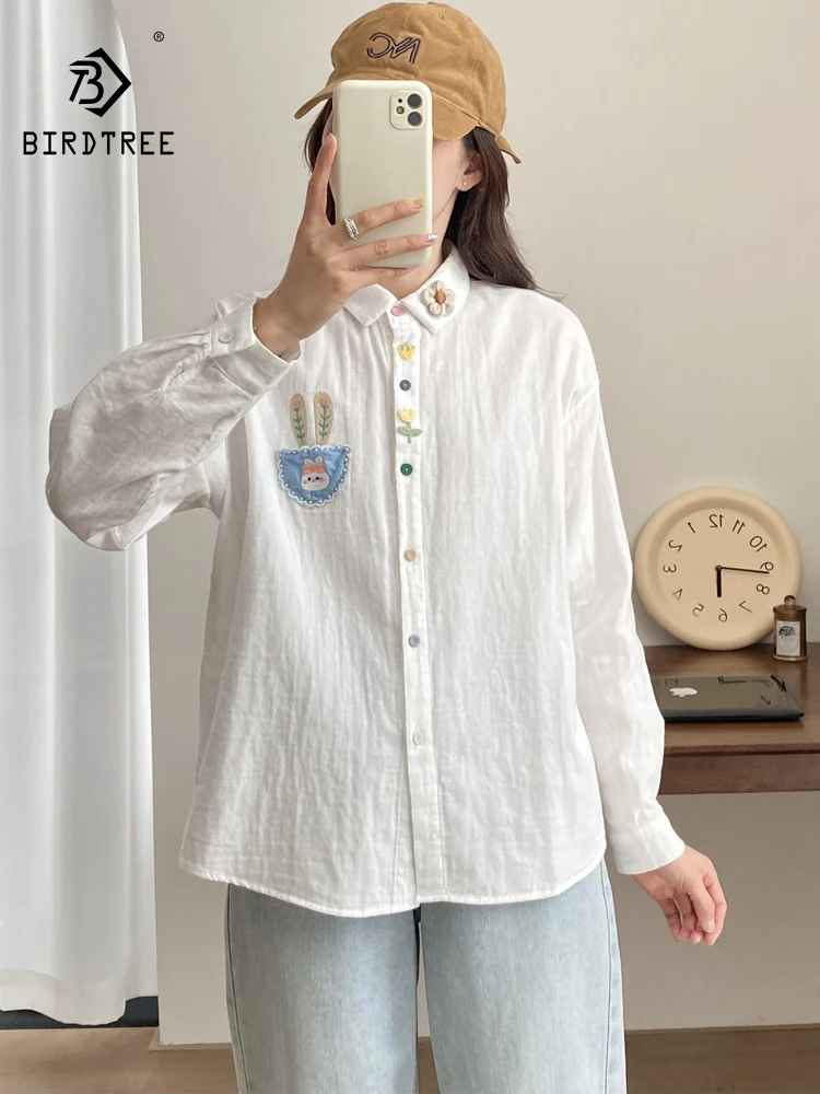 

New 2025 Autumn Cotton Yarn Long Sleeve Shirt, Women Lapel Pasting Embroidery, Mori Girl Sweet Casual INS Loose Blouse T58229CC