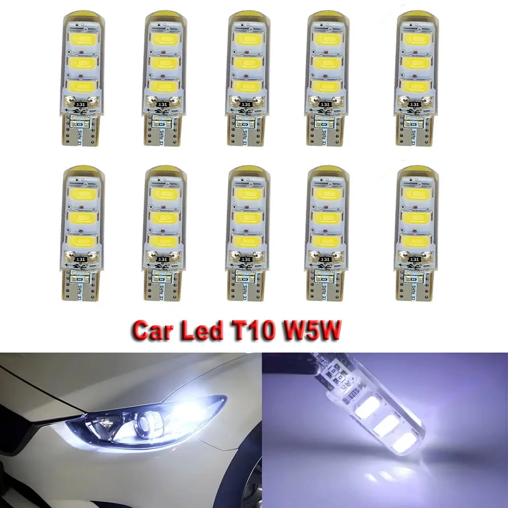 10PCS T10 w5w 12V Automotive LED 194 501 6SMD  Silicone Cob Marking Tail Wedge Parking Fog Running Light Bulb Tube Illumination