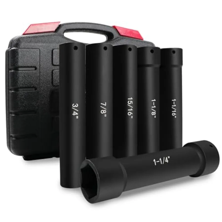 

6.75 Inch Long Extended Length Impact Socket Set 1/2 Inch Drive Extra Deep Sockets Heavy Duty Steel With Hex Sizes 3/4" 7/8" 15