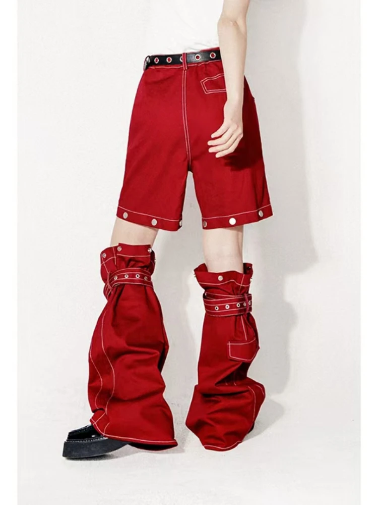 Vintage Y2k Red Baggy Cargo Pants Women Hip Hop Gothic Punk Hippie Removable Wide Leg Denim Pants Streetwear Casual Jeans New