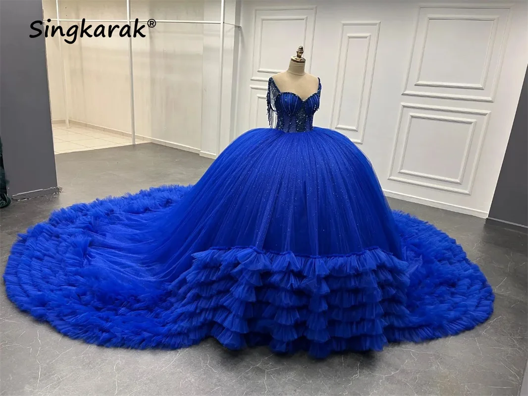 

Royal Blue Mexican Beaded Quinceanera Dress Princess Crystals Tiered Ruffles 16th Birthday Ball Gown Vestidos De 15 Quinceañera