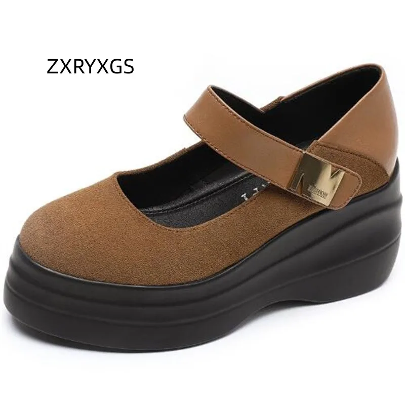 

ZXRYXGS Top Cowhide Frosted Leather Splicing Thick Sole Wedges Shoes Women High Heel Shoes 2023 Autumn Deep Mouth Height Shoes