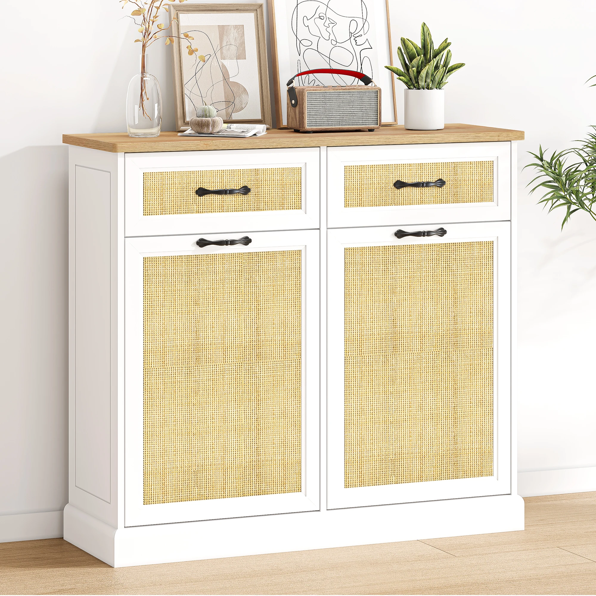 Double Trash Can Cabinet with Natural Rattan, Tilt Out Hidden Trash Cabinet 10 Gallon for Kitchen Dining Room