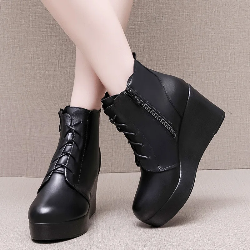 

6cm 8cm Size 33-43 New Black THick Platform Wedges Shoes Winter 2026 High Heels Genuine Leather Boots Ankle Boots Office Mom