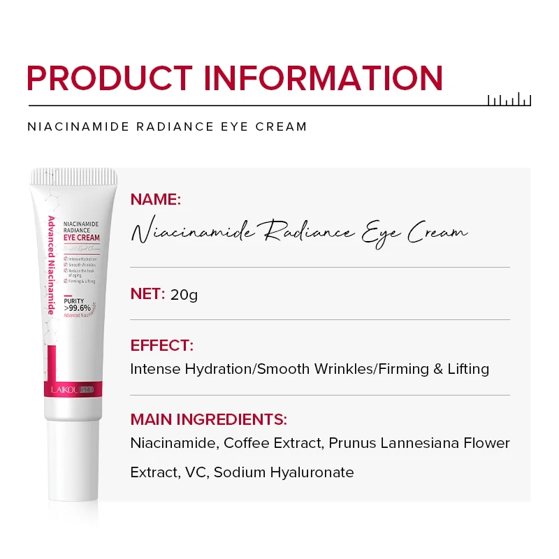 LAIKOU Pro 99.6% Niacinamide Radiance Eye Cream Anti-aging Moisturizing Remove Dark Circle 20g