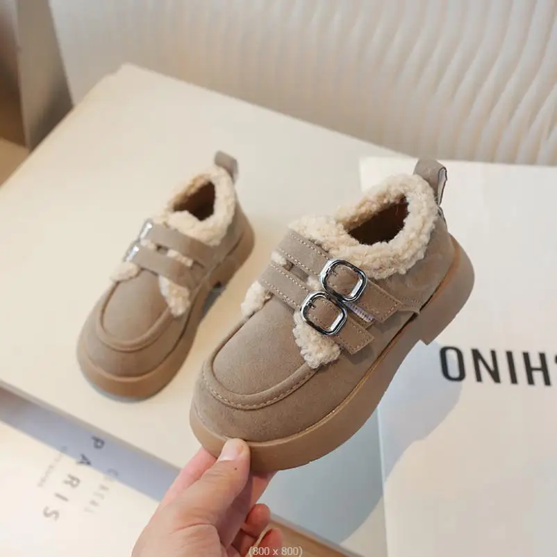 Autumn Winter Children Flats Shoes Solid Plush Warm Korean Style Girls Princess Casual Shoes Soft Bottom Furry Kids Cotton Shoes