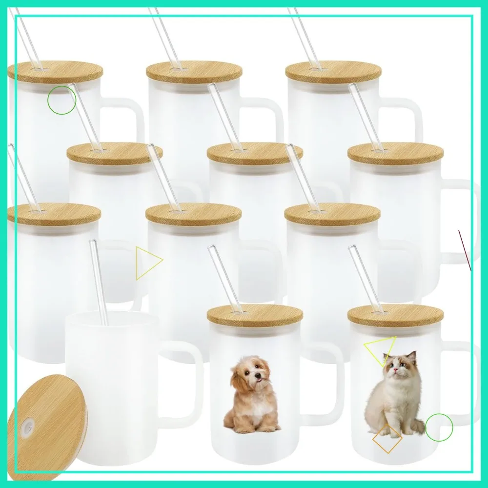 

Набор из 12 сублимационных стеклянных стаканов с ручкой, матовые стаканы-тумблеры для пива, с бамбуковой крышкой и соломинкой, для термопресса, 16 унций