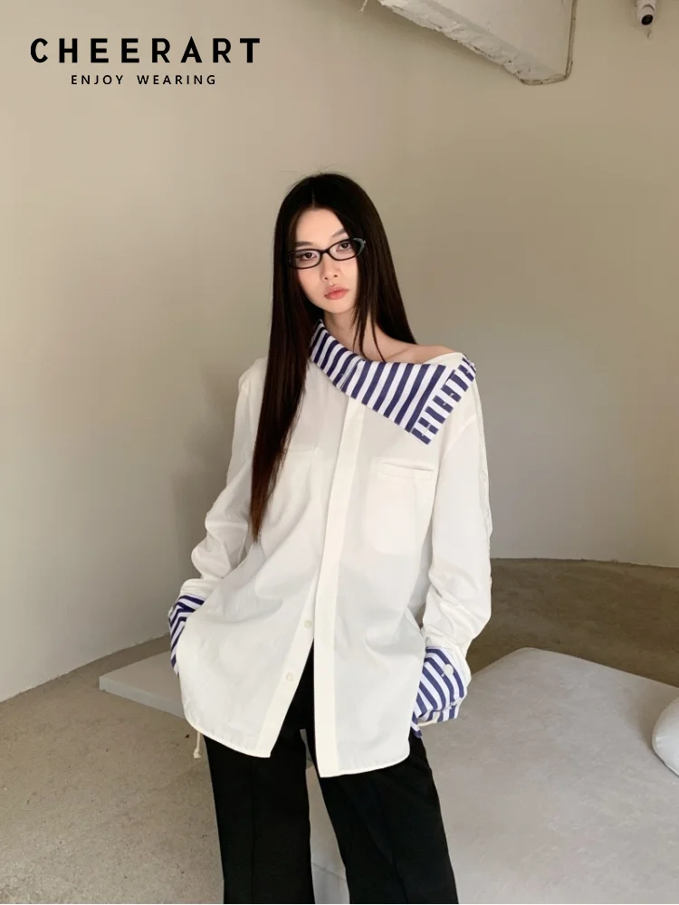 

CHEERART Sailor Collar White Designer Shirt Fall Clothes 2024 Women Long Sleeve Button Up Shirt Asymmetrical Blouse Fashion