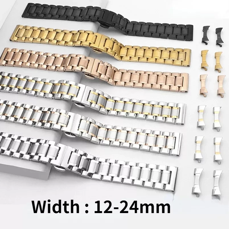 Curved End Watch Band Stainless Steel Strap 12mm 13mm 14mm 15mm 16mm 17mm 18mm 19mm 20mm 21mm 22mm 23mm 24mm Universal Wristband