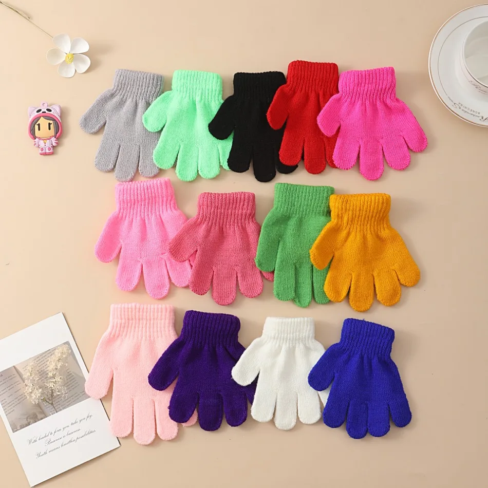 Children Knitted Gloves Winter Kids Pupil Student Solid Color Furry Full Finger Mittens Autumn Writing Warmer Hand 3-10Years Old