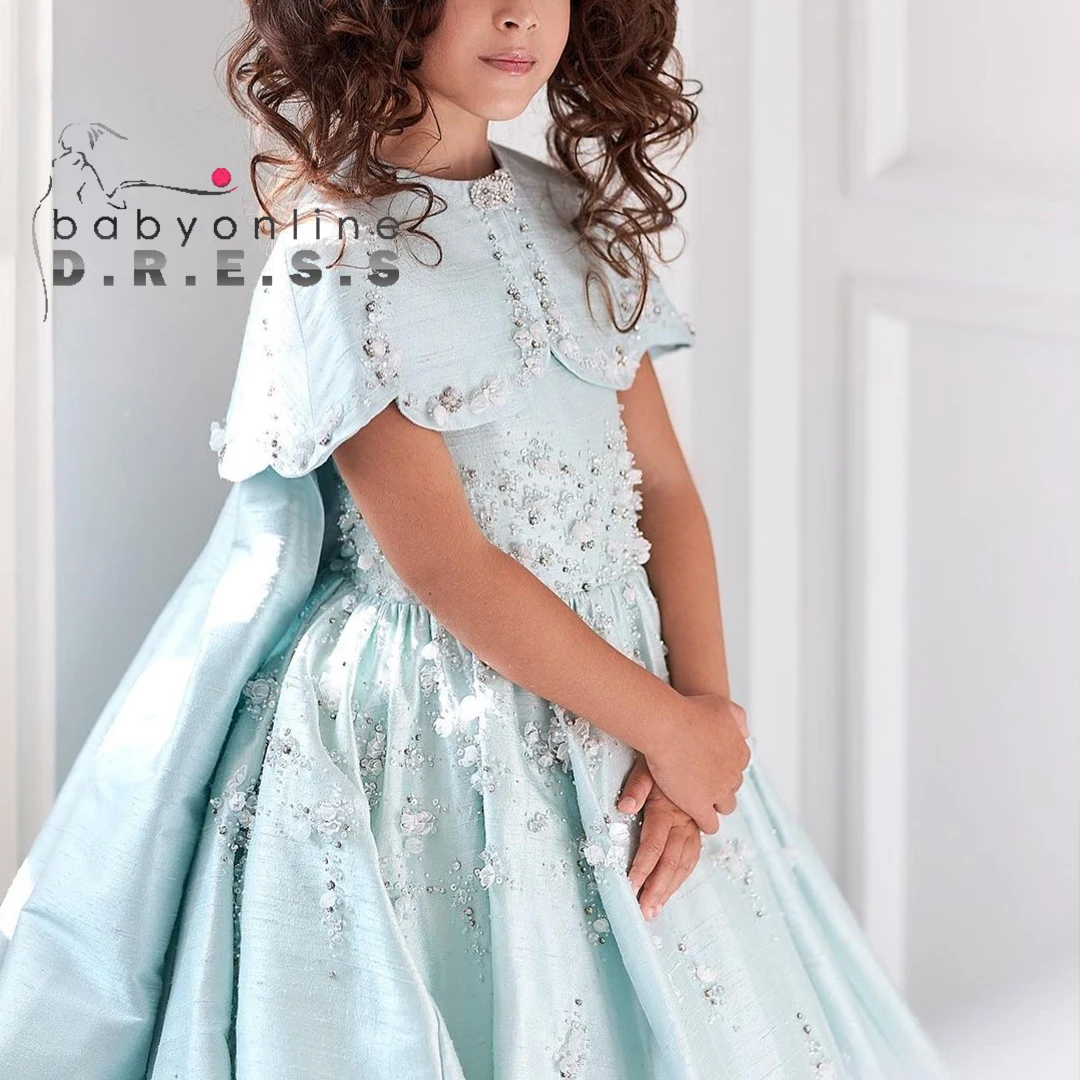 BABYONLINE Customized Communion Gown Girl Cape Tail Crystal Pearl Stones Full Satin Floor-length Skirt Ball Gown Ceremony Dress