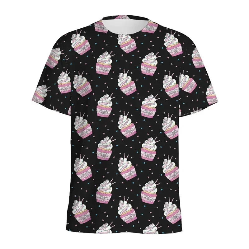 Cartoon Cupcake Pattern T Shirt For Men Summer Casual Round Neck Short Sleeve 3d Printed Food Oversized Tees Tops Kids T-Shirt