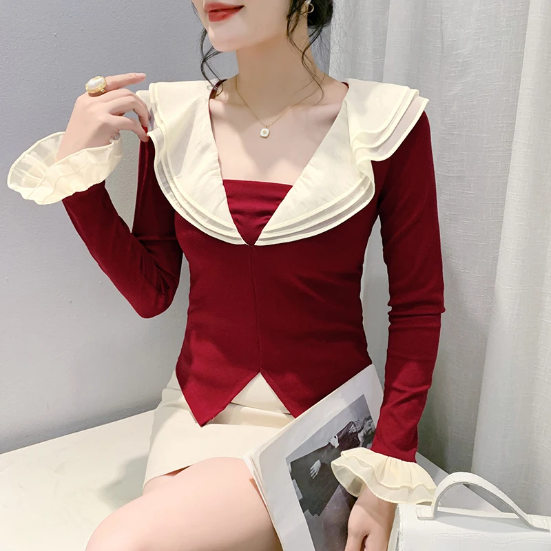 MadBlack, European Clothes Cotton T-Shirt, Women Sexy V-Neck Ruffles Top, Long Sleeve Fashion Tee, 2024 Autumn Winter T488102QM