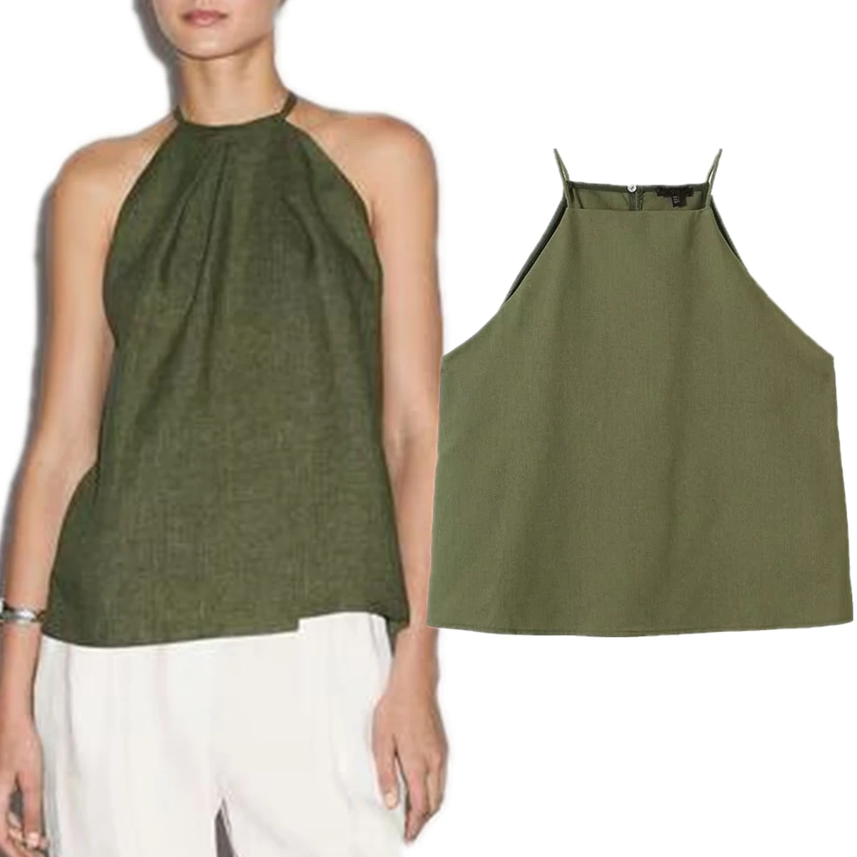 

Dave&Di Nordic Minimalist Army Green Linen Shirt French Lazy Vacation Casual Halter Neck Suspender Top Camisole Blouse Women