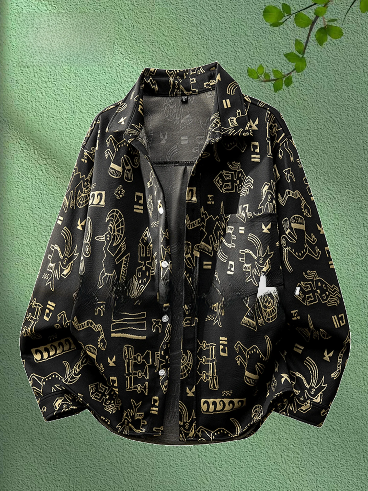 

Large Size Men's Vintage irt Loose Long Sve Collared Spring Autumn Faionable plus Size Printed Button up Top