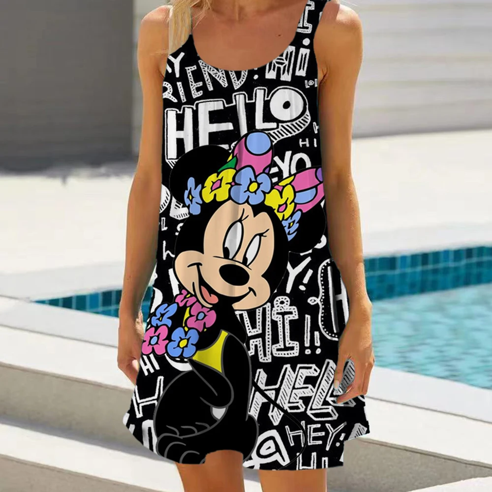 Minnie Mouse Elegant Dresses For Women Woman 2024 Disney Beach Dress Mickey Dress Fashion Top Print Casual Loose Oversized Dyr