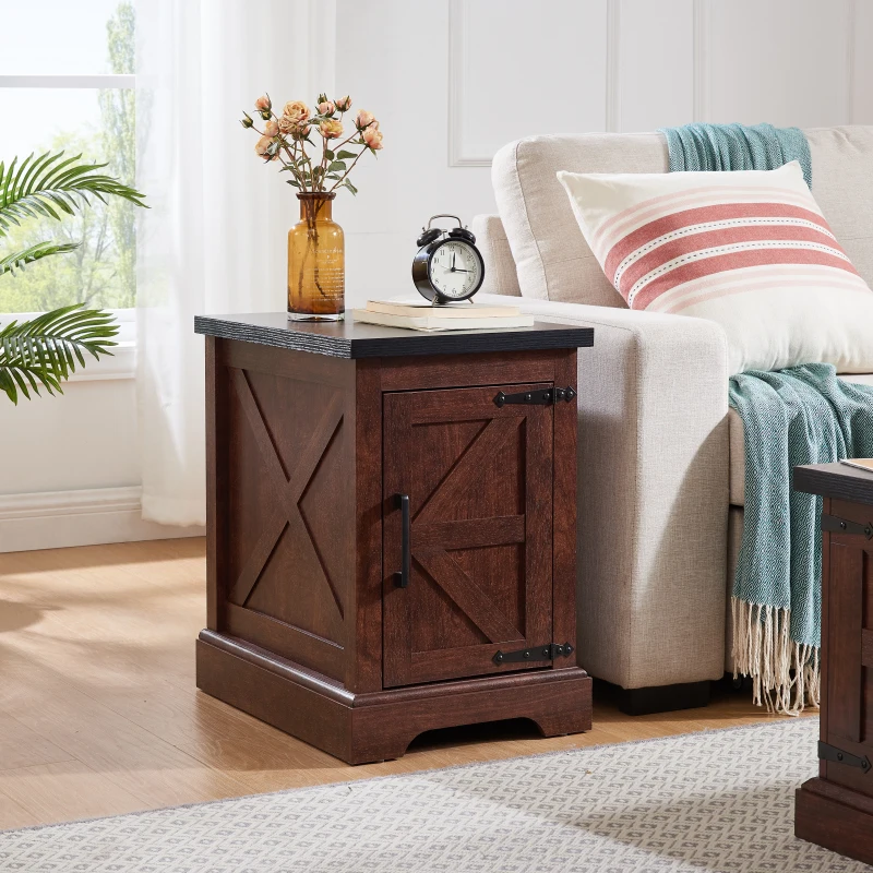 End Table Nightstand Rectangular Farmhouse End With Barn Door And Adjustable Storage Shelf Rustic Sofa Side Table For Living