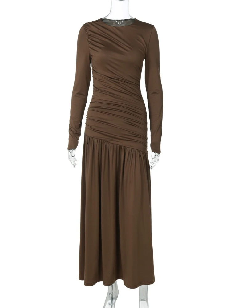 Robe de soirée froncée à manches longues pour femmes, tunique taille haute pliable, longue, robe de soirée de vacances, automne 2025