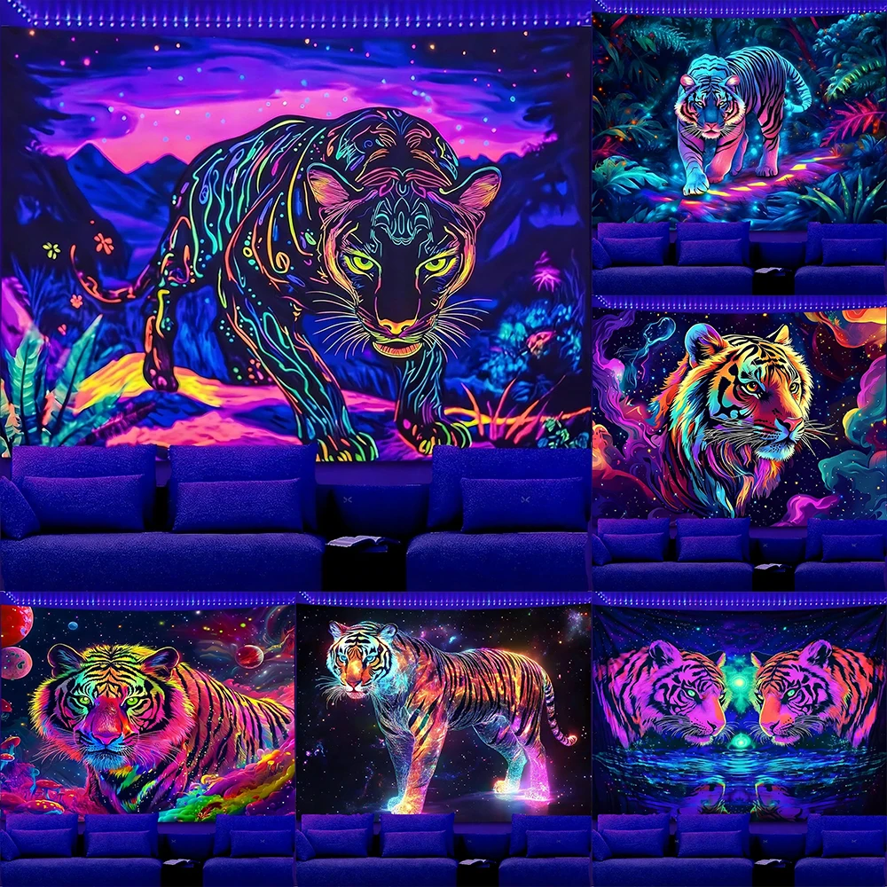 Glow-in-the-Dark Tiger Themed Wall Tapestry UV reaction tapestry background decoration wall hanging bedroom party decoration