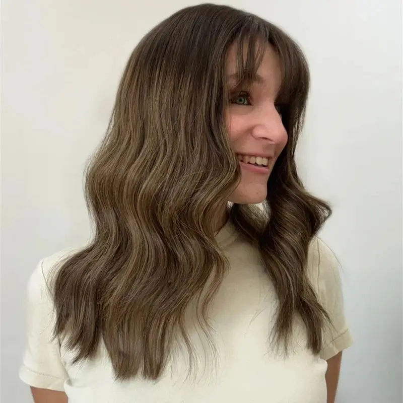 

180% Density Women's Wig Ombre Brown with Blonde Streaks Soft Party Wigs Body Wave Lace Front Wig with Bangs Synthetic HD Wigs