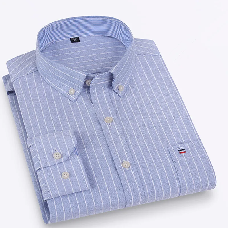 Large Size 7XL 6XL Oxford Men Striped Shirt Fashion Long Sleeve 100% Cotton Single Chest Pocket Solid Plaid Oversized Clothing