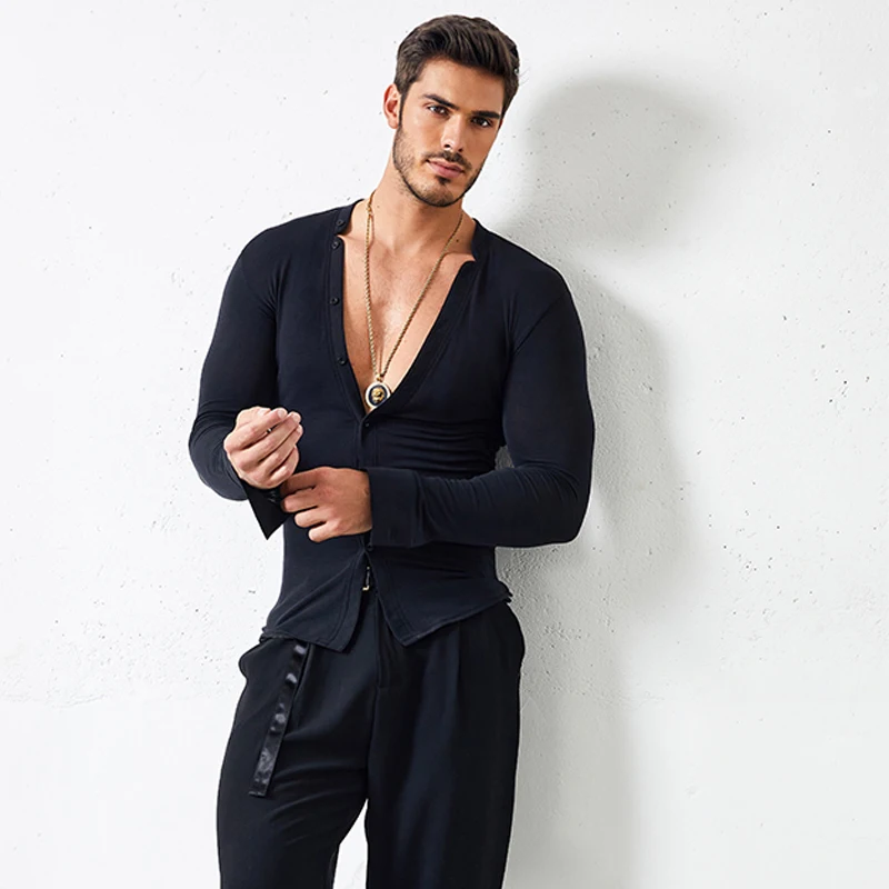 Men\'S Latin Dance Costumes Practice Clothes Long Sleeve Mesh Training Shirts Tango Samba Chacha Latin Competition Dresses SL4346