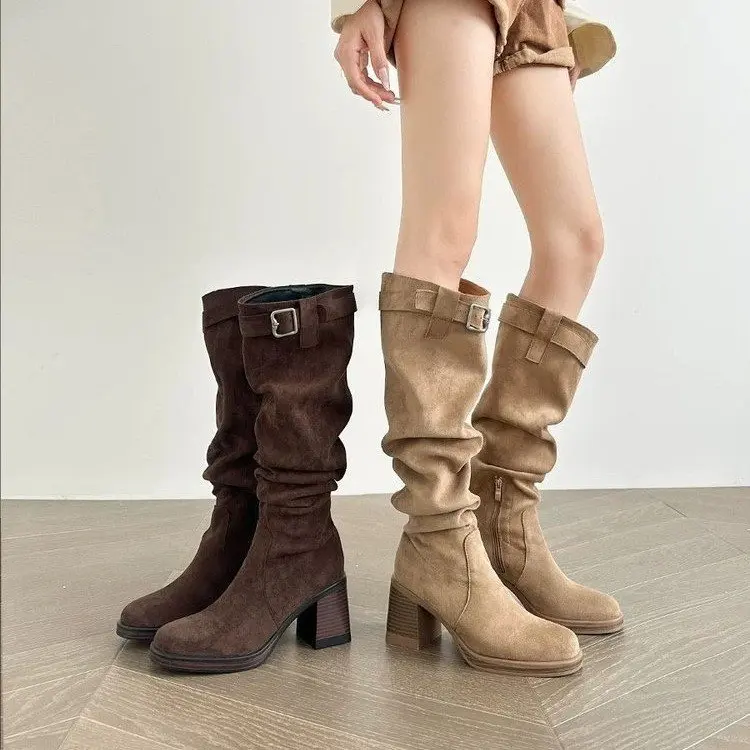 Women's High Knee Boots Retro Chunky Heel Stacked Rider Boots 2026 New Spring/Autumn Fashion Design Long-style Slouch Boots