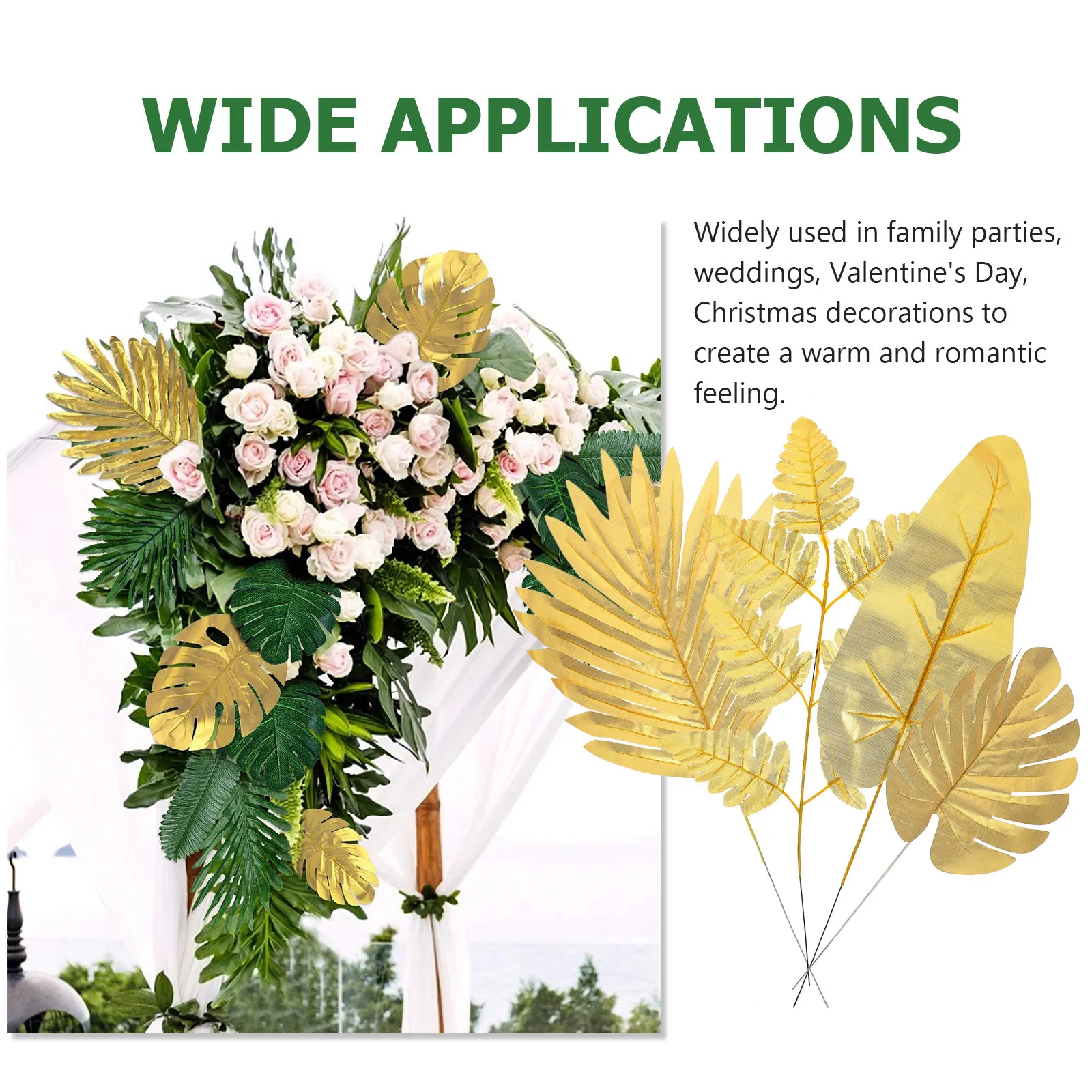 

20pcs Golden Artificial Leaves For Wedding Party Decor, Tropical Tree Leaf Adornment, Jungle Home Decor, Hawaiian Palm Leaves,