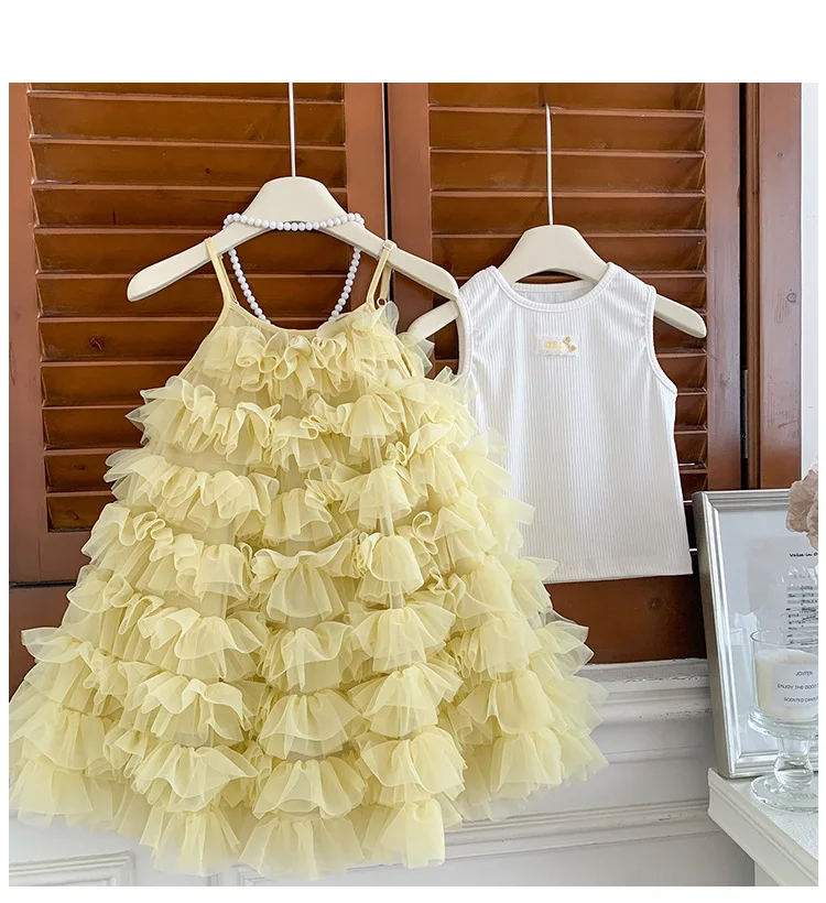 2026 New Baby Girls Summer Fashion Sets,  Cartoon Top + Mesh Sling Dress   Princess Sweet Suits 2-6 T