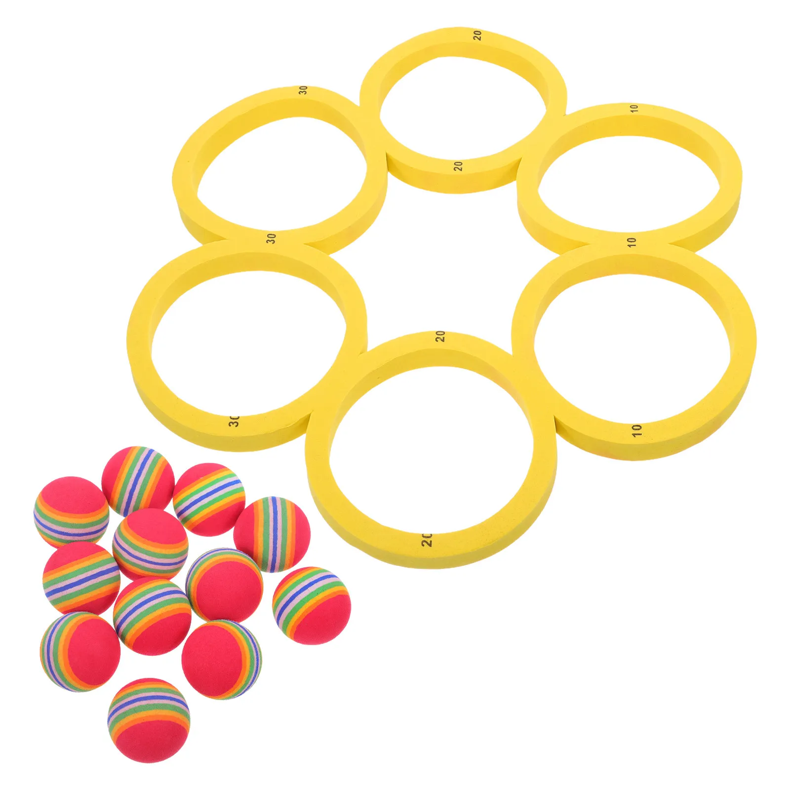 ชุดเกมโยนห่วงในสระน้ำแบบลอยได้ 1 ชุด ชุดกีฬาทางน้ำทำจากวัสดุ EVA พร้อมลูกบอล 12 ลูก มีตัวบอกคะแนน เหมาะสำหรับครอบครัว เล่นกลางแจ้ง เกมโยนห่วง เกมส์ในสระ